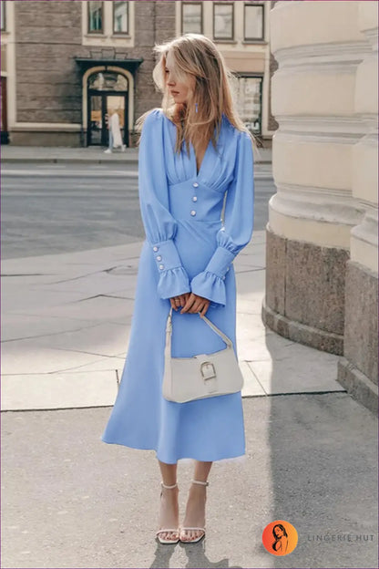 Pleated Maxi A-line Dress with Buttoned Waist - Understated Glamour - s / Royal Blue - Dresses - Autumn • Button Front