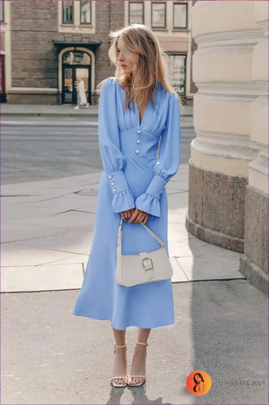 Pleated Maxi A-line Dress with Buttoned Waist - Understated Glamour - s / Royal Blue - Dresses - Autumn • Button Front