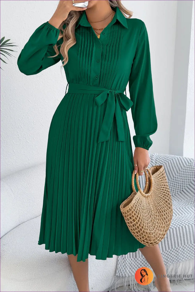 Pleated Midi Shirt Dress with Collar - Effortless Office Polish