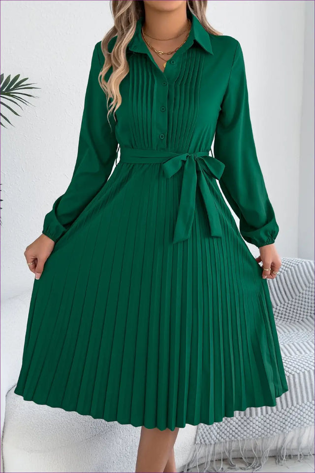 Pleated Midi Shirt Dress with Collar - Effortless Office Polish