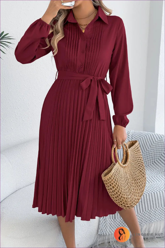 Pleated Midi Shirt Dress with Collar - Effortless Office Polish
