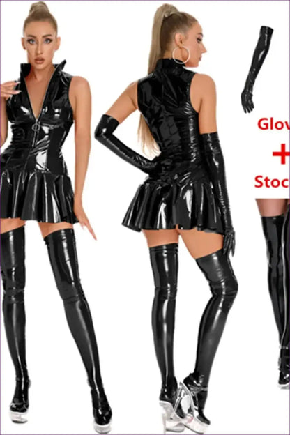 Pleated Mini Dress Set with Collar Zip - Club Confidence - Clubwear • just in • Latex • Leather - Lingerie Hut
