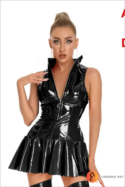Pleated Mini Dress Set with Collar Zip - Club Confidence - Black-a / s - Clubwear • just in • Latex • Leather