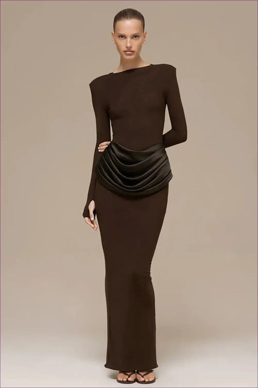 Pleated Sheath Maxi Dress with Side Split - Understated Elegance for Autumn, Evening Wear, Formal