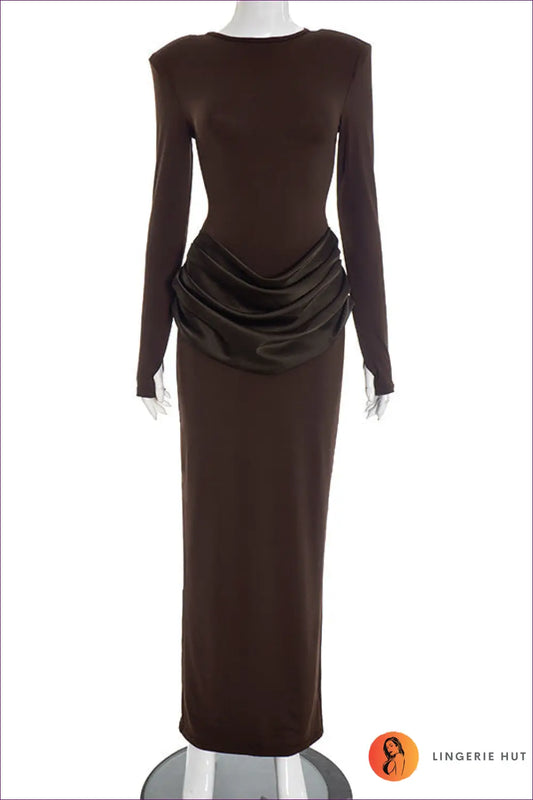 Pleated Sheath Maxi Dress with Side Split - Understated Glamour - s / Brown - Dresses - Lingerie Hut - All Season
