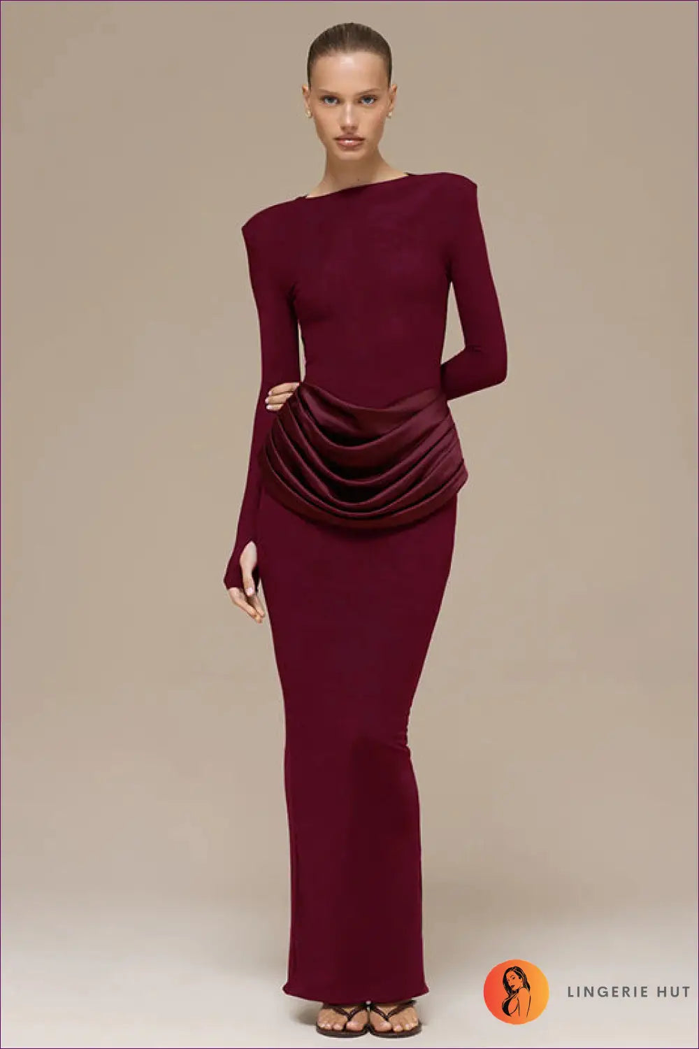 Pleated Sheath Maxi Dress with Side Split - Understated Glamour - s / Burgundy - Dresses - Lingerie Hut - All Season