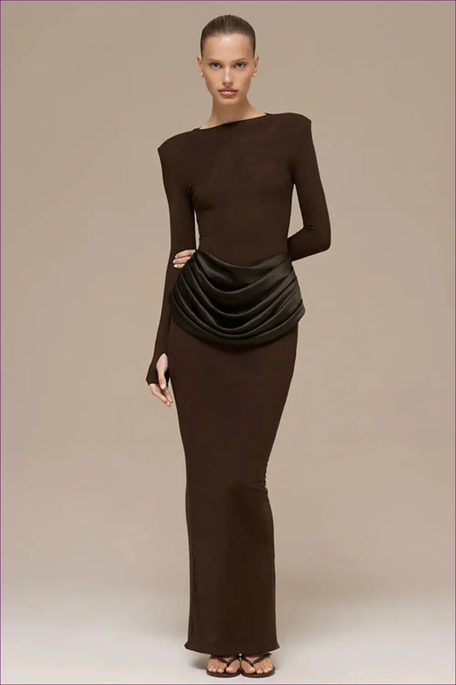 Draped Waist Long Sleeve Maxi Dress