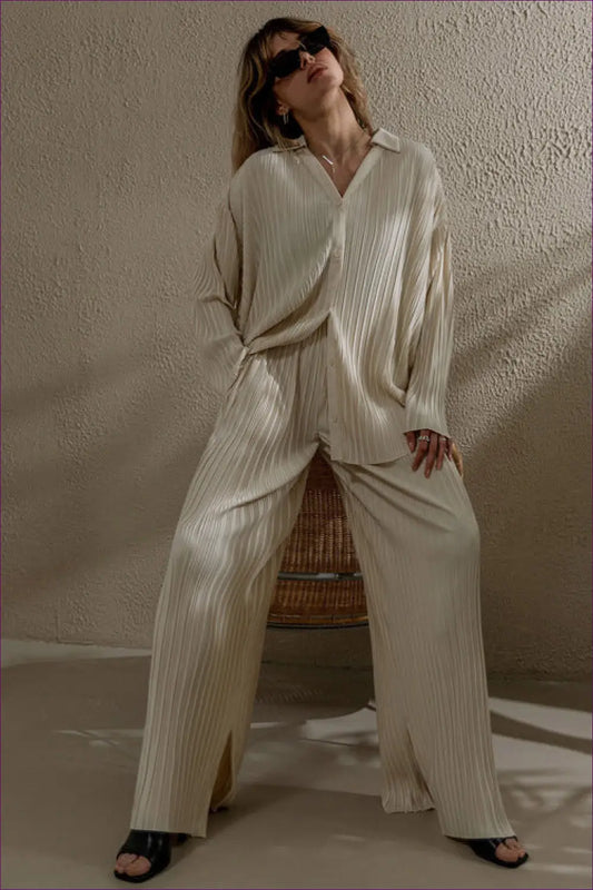 Pleated Shirt & Straight Leg co Ord Set - Effortless Confidence - Clothing - Lingerie Hut - Autumn • Casual • Everyday