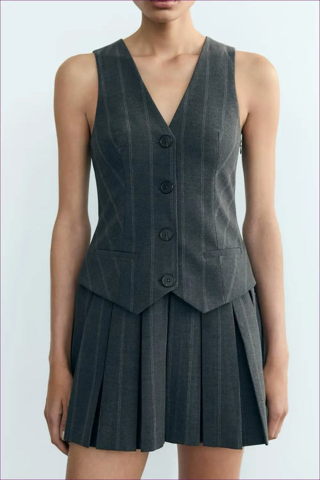 Pleated Skirt and Vest Co Ord Set - Academic Chic, Everyday Versatility