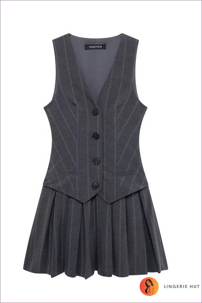 Pleated Skirt and Vest co Ord Set - Academic Chic Everyday Versatility - Xs / Stripe - Lingerie Hut - A-line • All