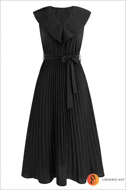Elevate Your Style With Our Pleated V-neck Midi Dress. Timeless Midi-length Silhouette, Intricate Belt
