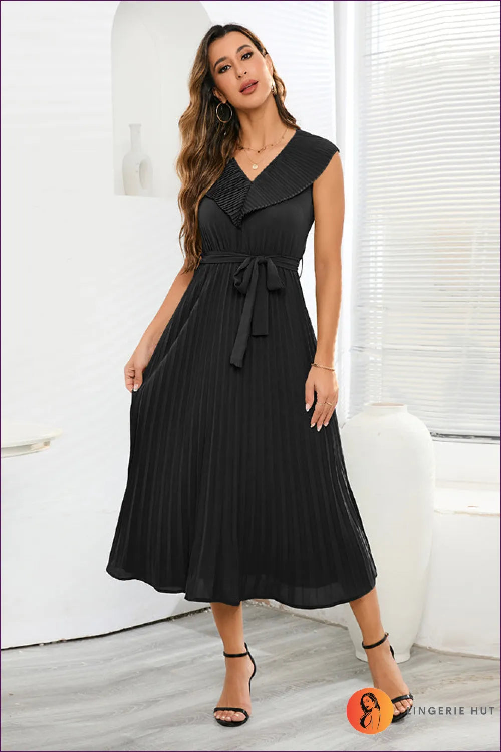 Elevate Your Style With Our Pleated V-neck Midi Dress. Timeless Midi-length Silhouette, Intricate Belt