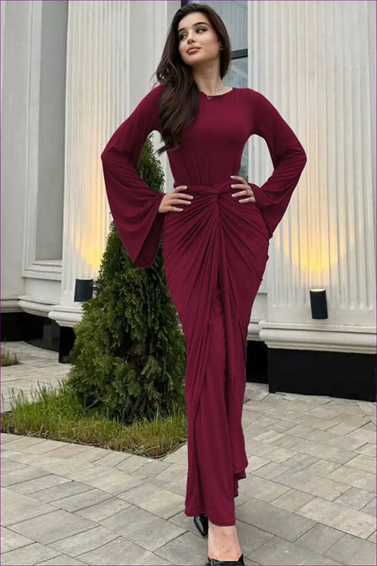 Pleated Waist Maxi Dress with Trumpet Sleeves - Effortless Elegance