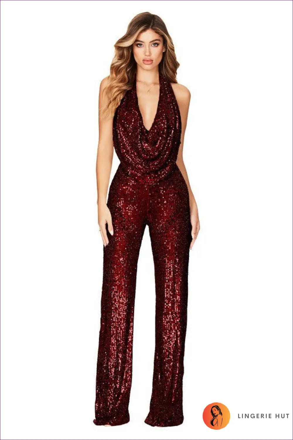 Plunge Backless Sequin Jumpsuit - not your Basic Party Look - s / Burgundy - Jumpsuits & Rompers - Lingerie Hut - All
