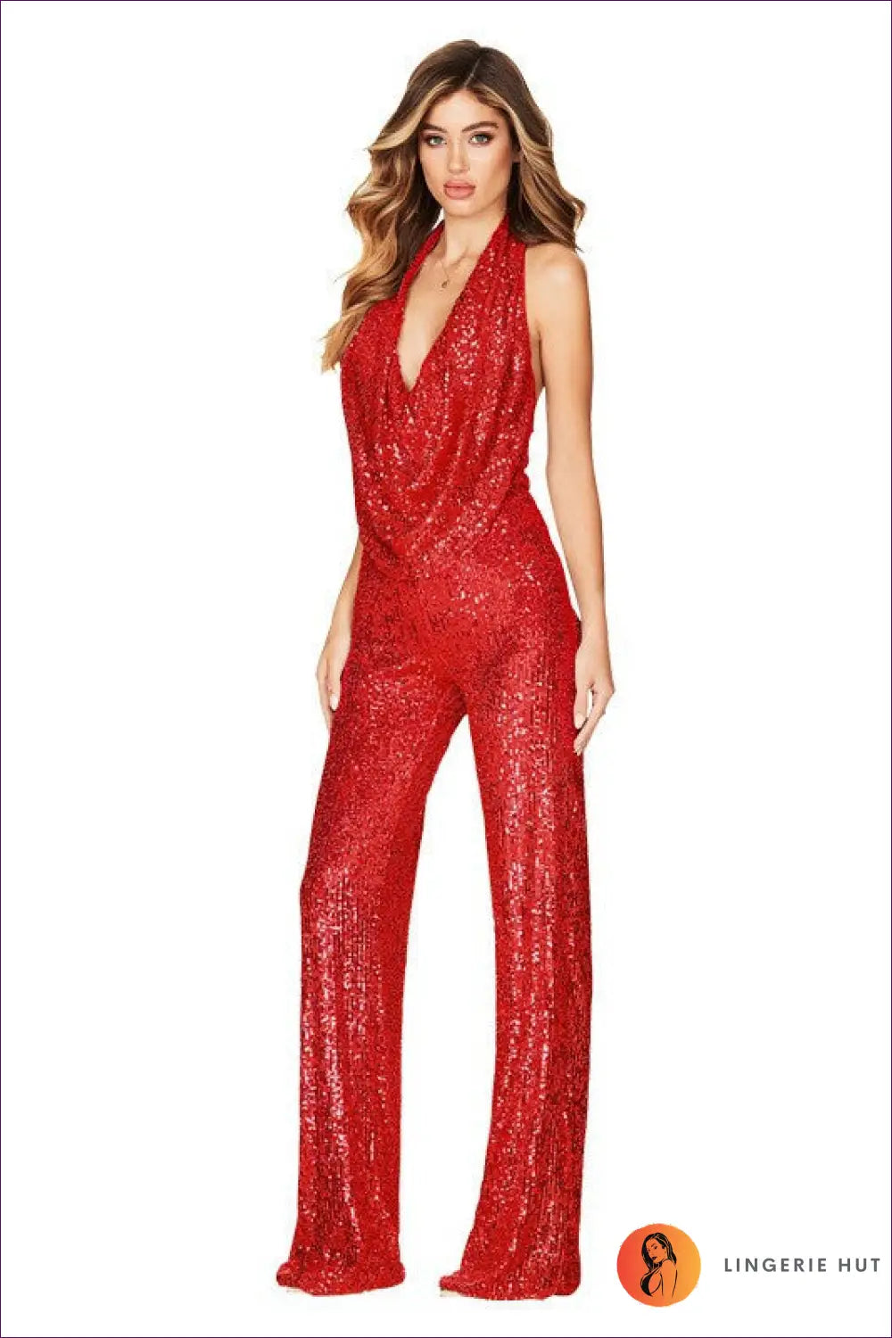 Plunge Backless Sequin Jumpsuit - not your Basic Party Look - s / Red - Jumpsuits & Rompers - Lingerie Hut - All Season
