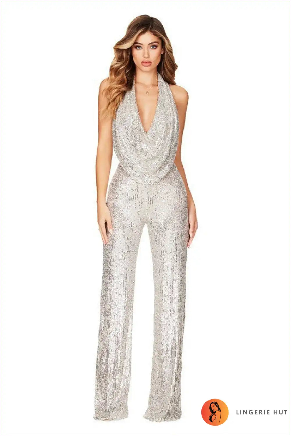 Dazzle In Backless Elegance With Lingerie Hut’s Plunge Cowl Neck Jumpsuit. Backless Design, Sequin Detailing,