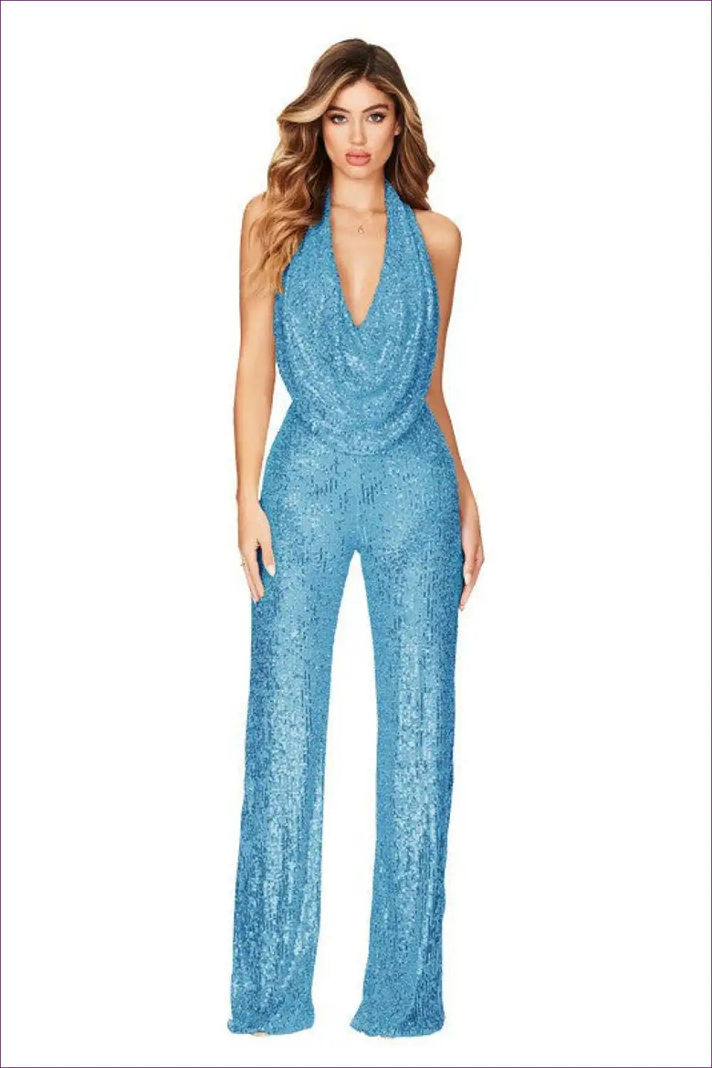 Dazzle In Backless Elegance With Lingerie Hut’s Plunge Cowl Neck Jumpsuit. Backless Design, Sequin Detailing,