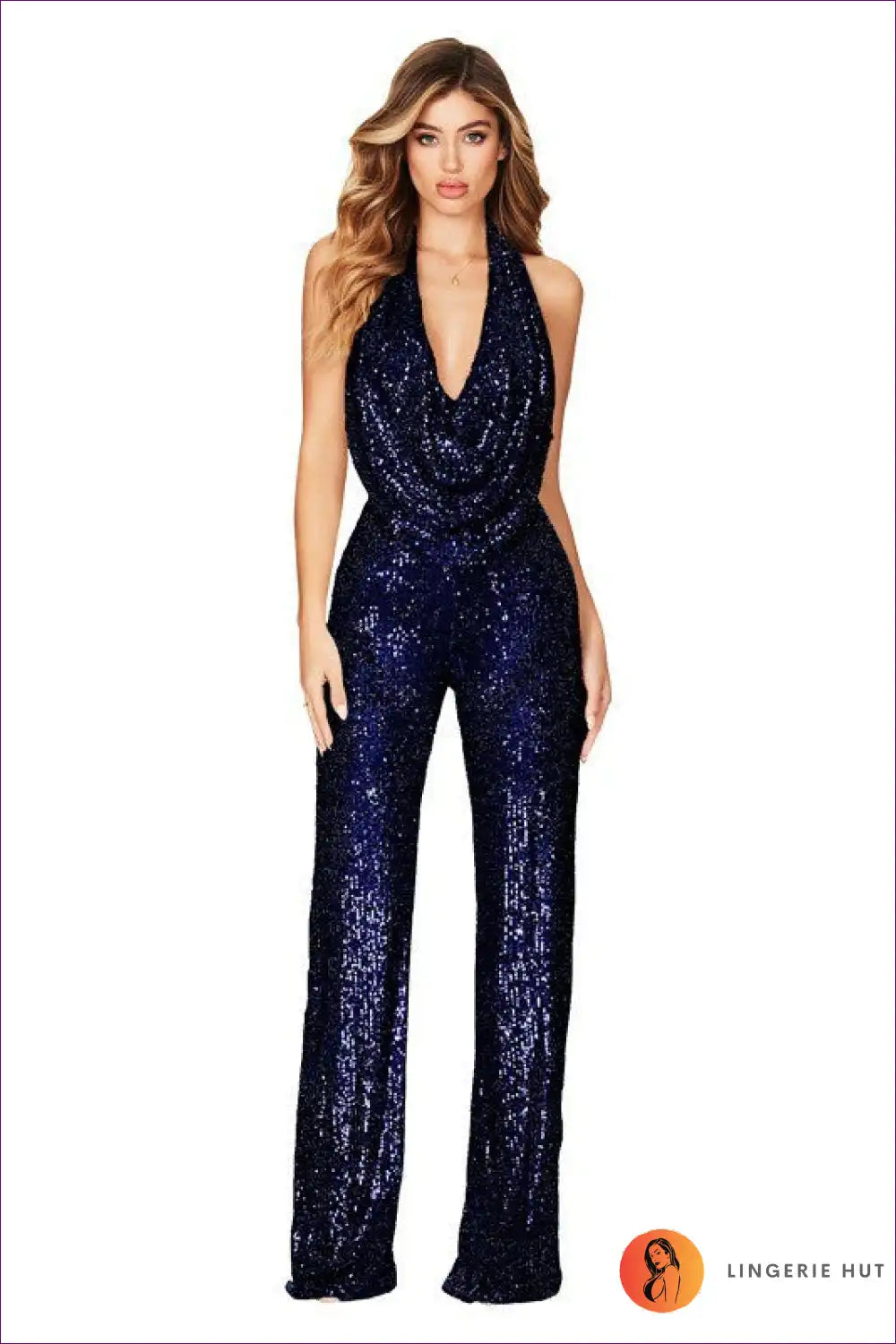 Dazzle In Backless Elegance With Lingerie Hut’s Plunge Cowl Neck Jumpsuit. Backless Design, Sequin Detailing,