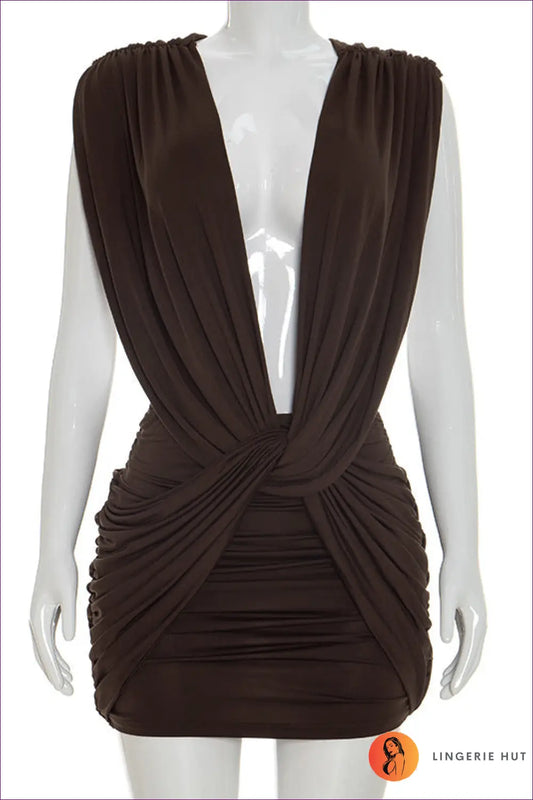 Plunge Halter Mini Dress with Twist Waist Detail - Poolside Confidence - s / Brown - Bodycon - Backless • Date Night