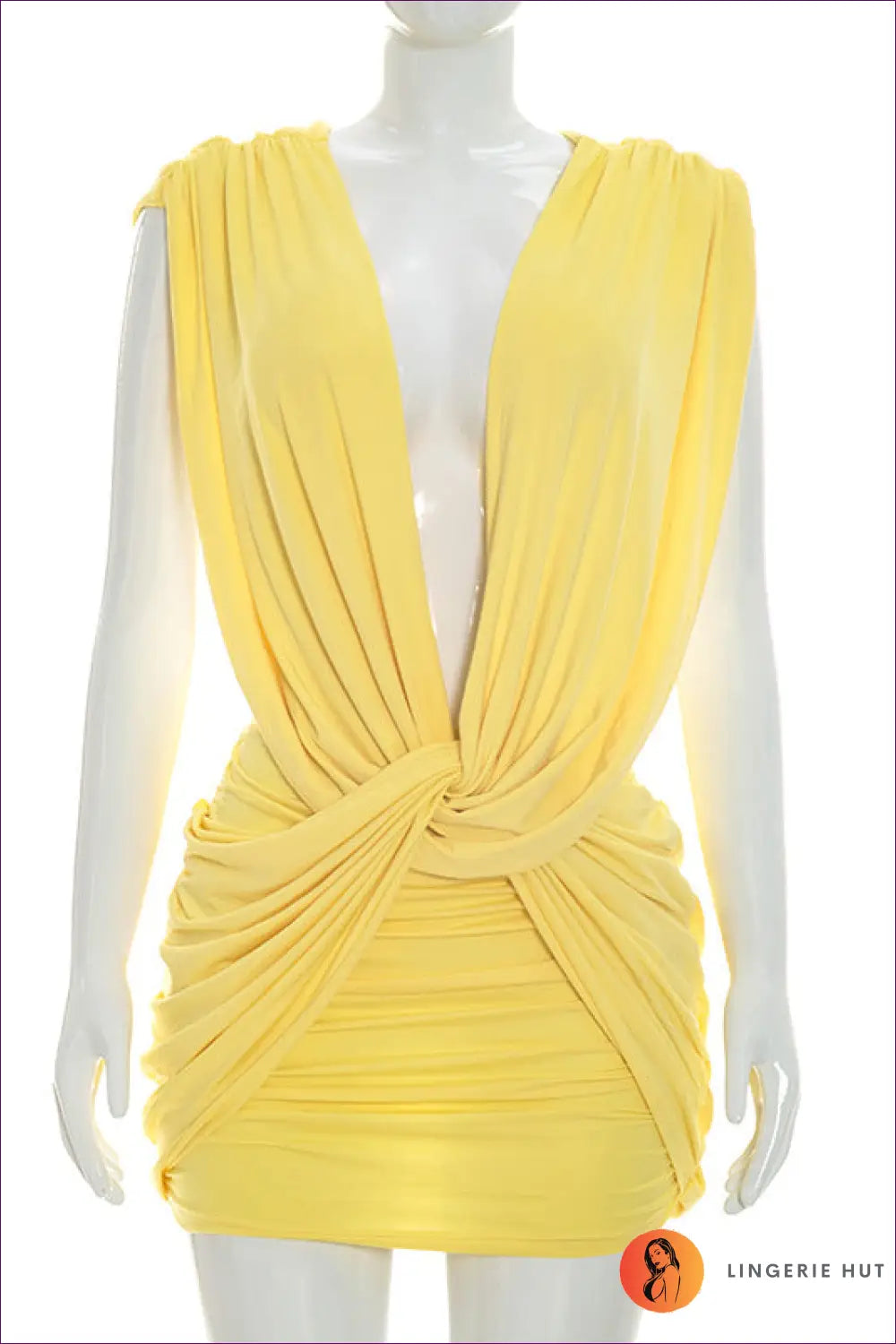 Plunge Halter Mini Dress with Twist Waist Detail - Poolside Confidence - s / Yellow - Bodycon - Backless • Date Night