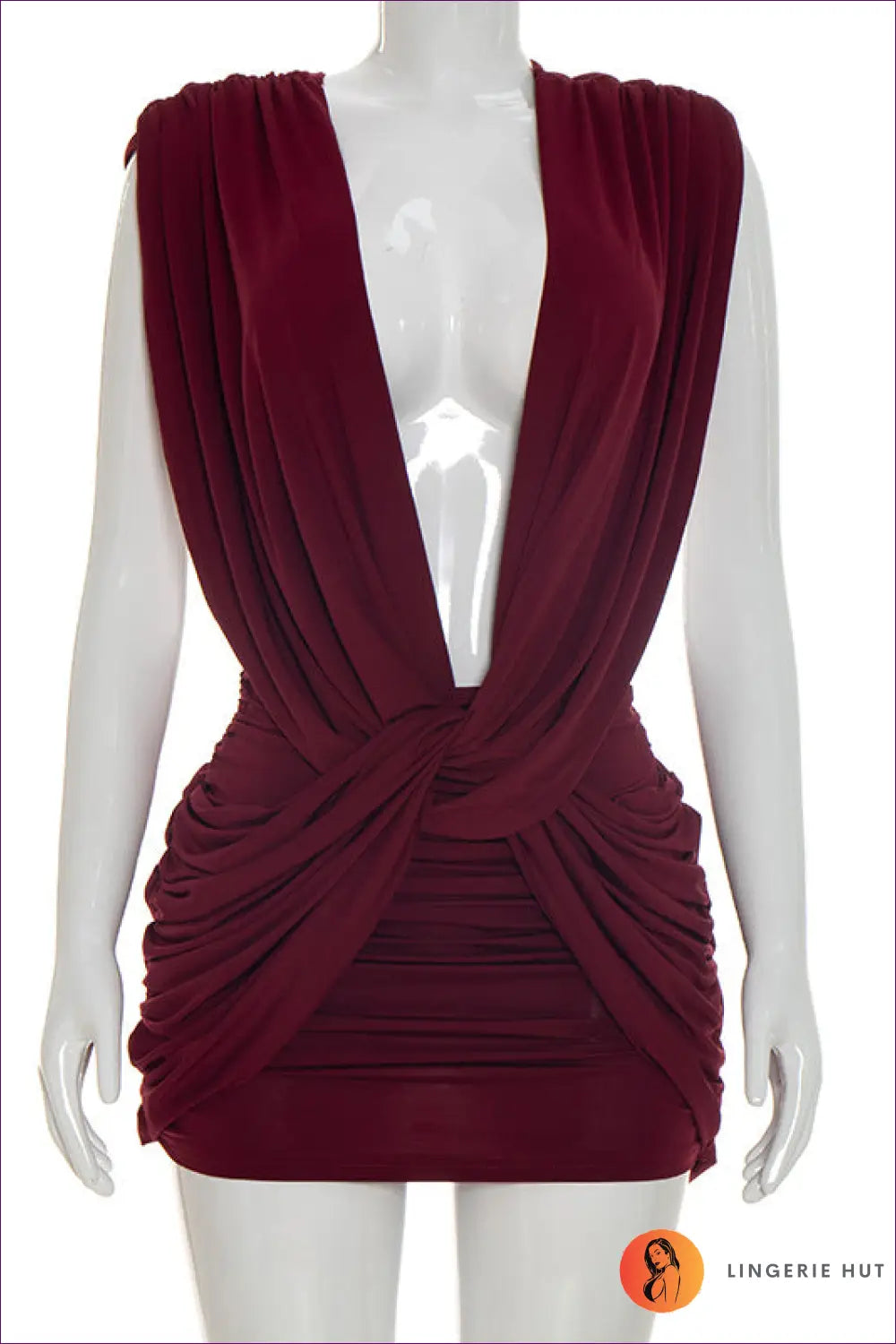 Plunge Halter Mini Dress with Twist Waist Detail - Poolside Confidence - s / Burgundy - Bodycon - Backless • Date Night