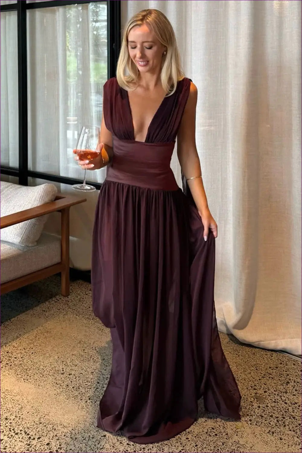 Plunge Maxi Dress with Ruched Waistband - Dinner Party Elegance - Dresses • just in • Polyester - Lingerie Hut