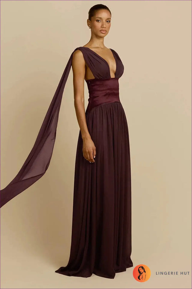 Plunge Maxi Dress with Ruched Waistband - Dinner Party Elegance