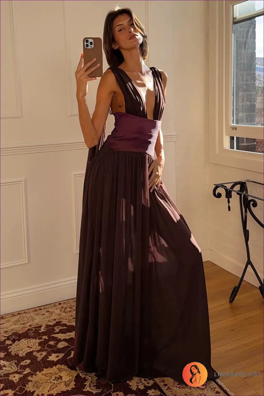 Plunge Maxi Dress with Ruched Waistband - Dinner Party Elegance - Dresses • just in • Polyester - Lingerie Hut