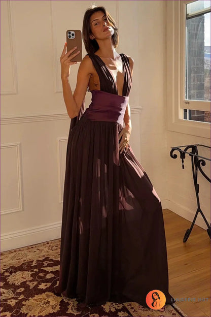 Plunge Maxi Dress with Ruched Waistband - Dinner Party Elegance - Dresses • just in • Polyester - Lingerie Hut