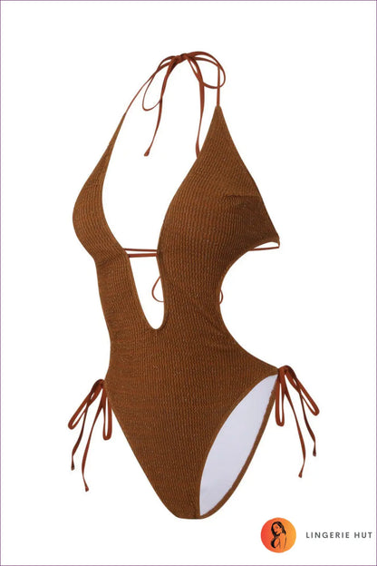 Plunge One-piece Swimsuit with Tie-side Hips - Rust Coast Glow - Beachwear • Boho • just in • Polyester • Sexy