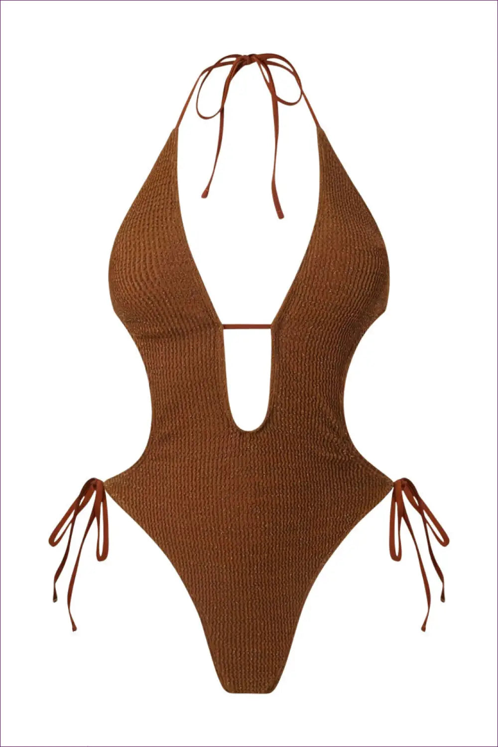 Plunge One-piece Swimsuit with Tie-side Hips - Rust Coast Glow - Beachwear • Boho • just in • Polyester • Sexy