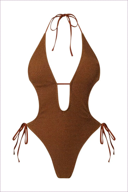Plunge One-piece Swimsuit with Tie-side Hips - Rust Coast Glow - Beachwear • Boho • just in • Polyester • Sexy