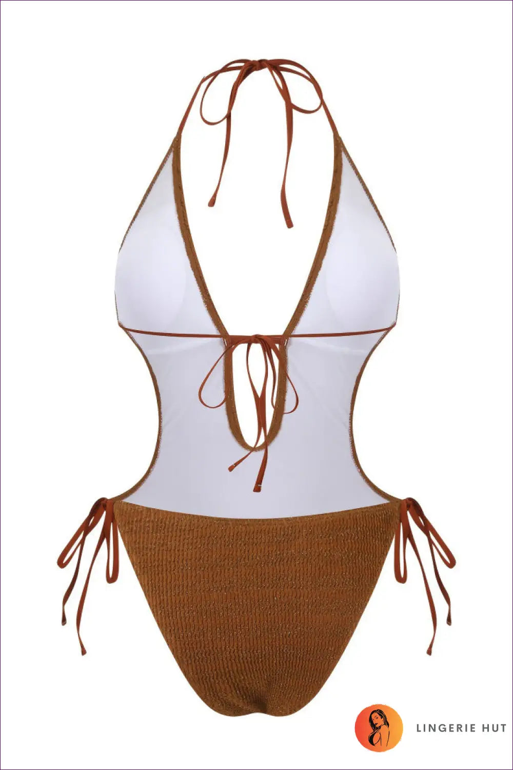 Plunge One-piece Swimsuit with Tie-side Hips - Rust Coast Glow - Beachwear • Boho • just in • Polyester • Sexy