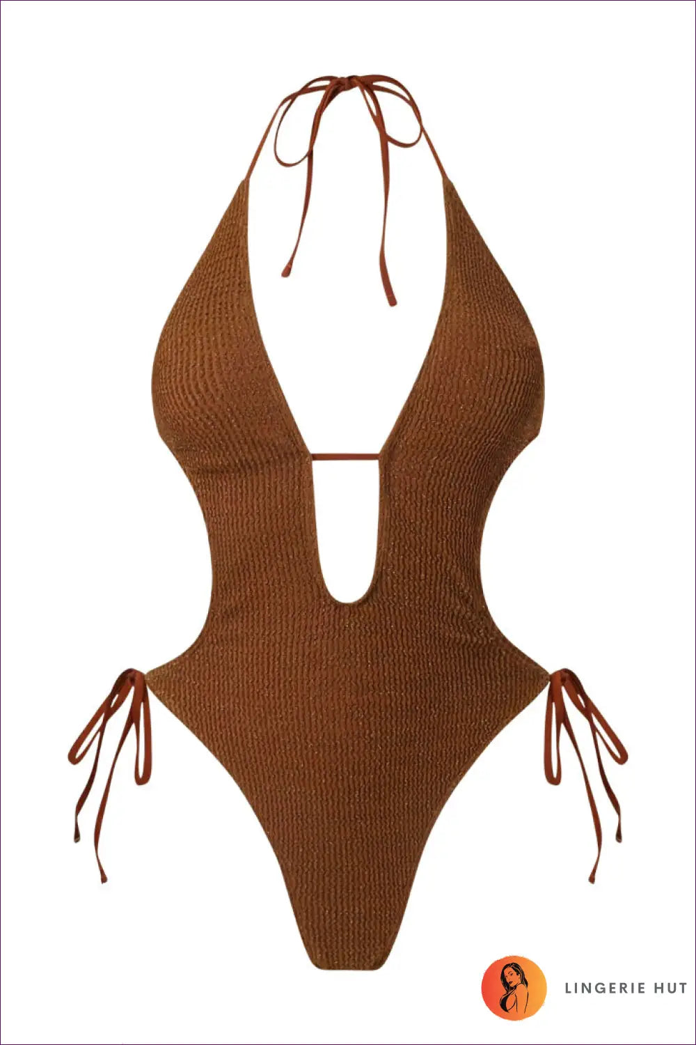 Plunge One-piece Swimsuit with Tie-side Hips - Rust Coast Glow - s / Coffee - Beachwear • Boho • just in • Polyester