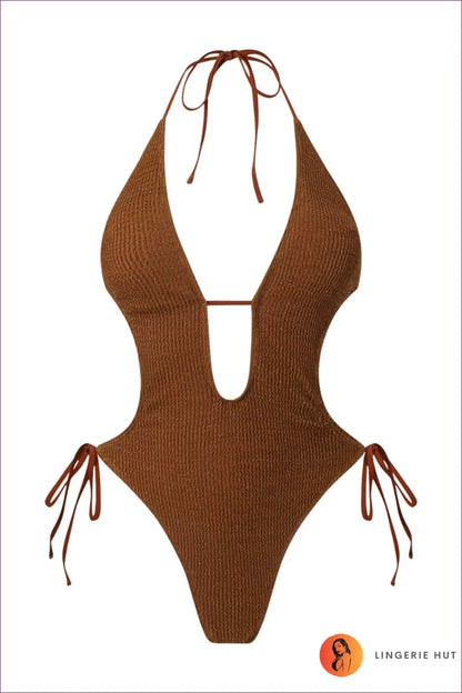 Plunge One-piece Swimsuit with Tie-side Hips - Rust Coast Glow - s / Coffee - Beachwear • Boho • just in • Polyester