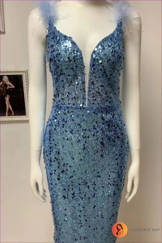 Plunge Sequin Midi Dress - Feather Shoulders - Xs / Skyblue - Bodycon • Elegant • just in • Girlsdy