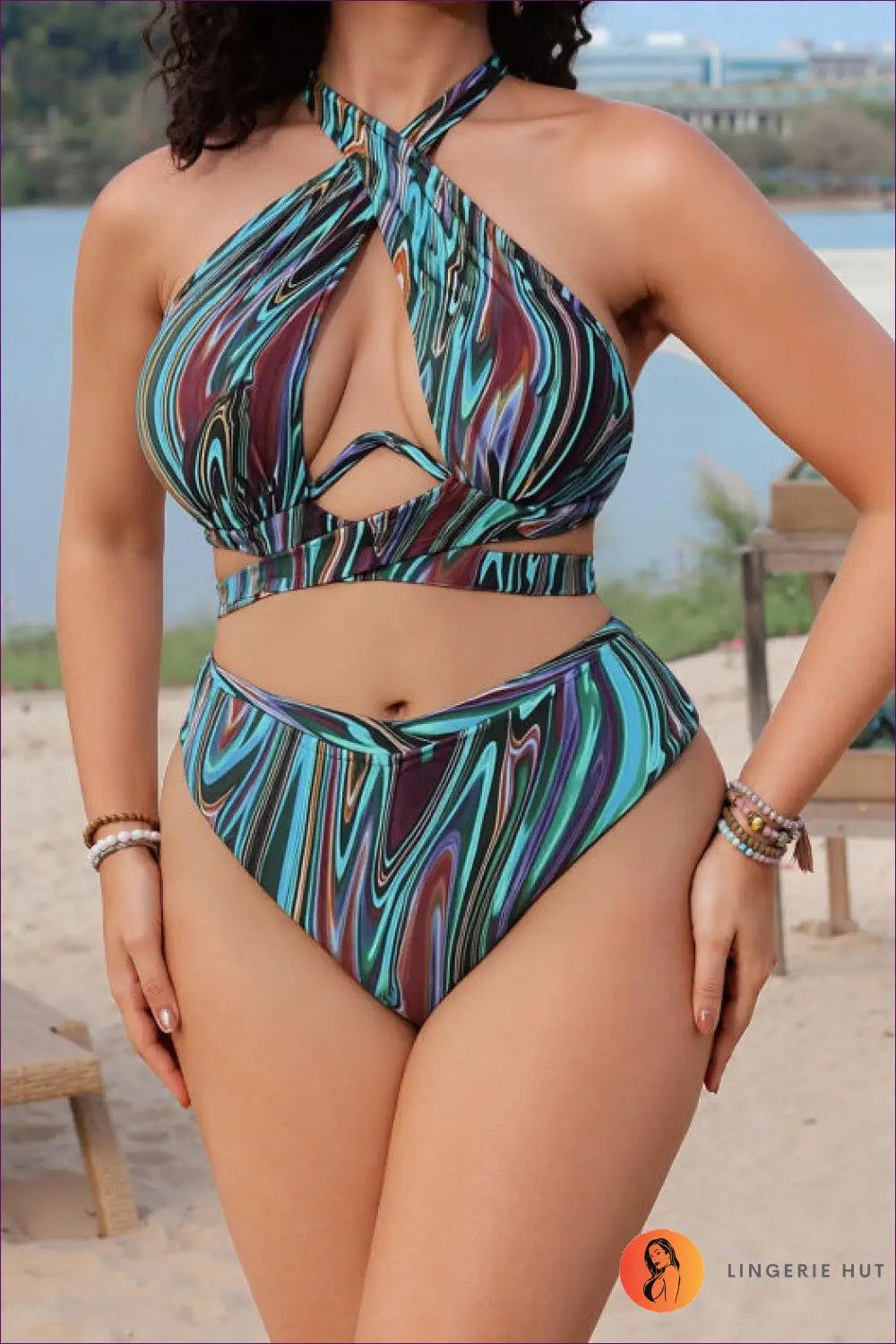 Plus Size Crossover Bikini with Keyhole Cutout - Coastal Curve - 2xl / Blackish Green - Beachwear • just in • Summer