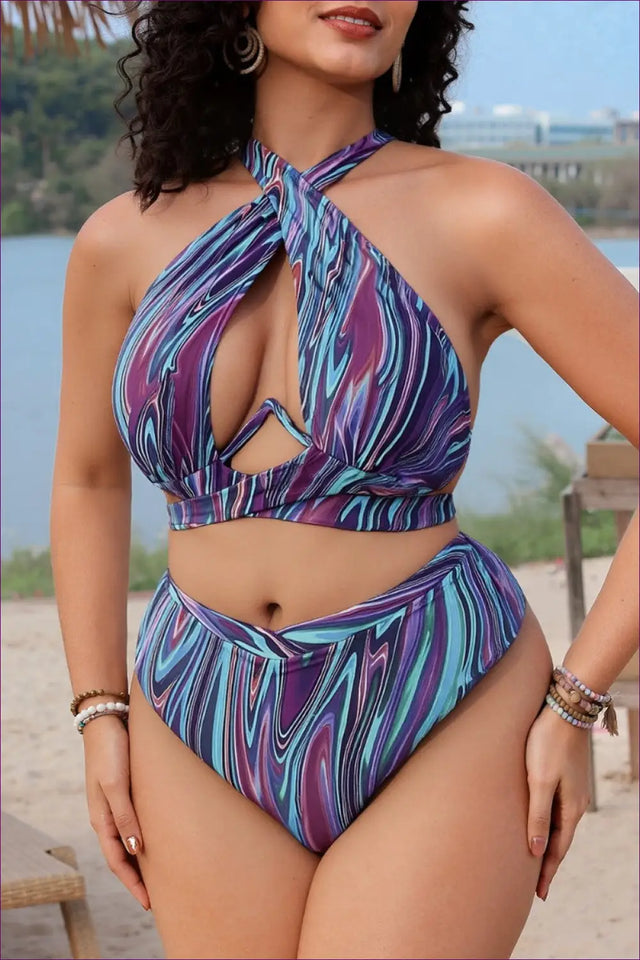 Plus Size Crossover Bikini with Keyhole Cutout - Coastal Curve