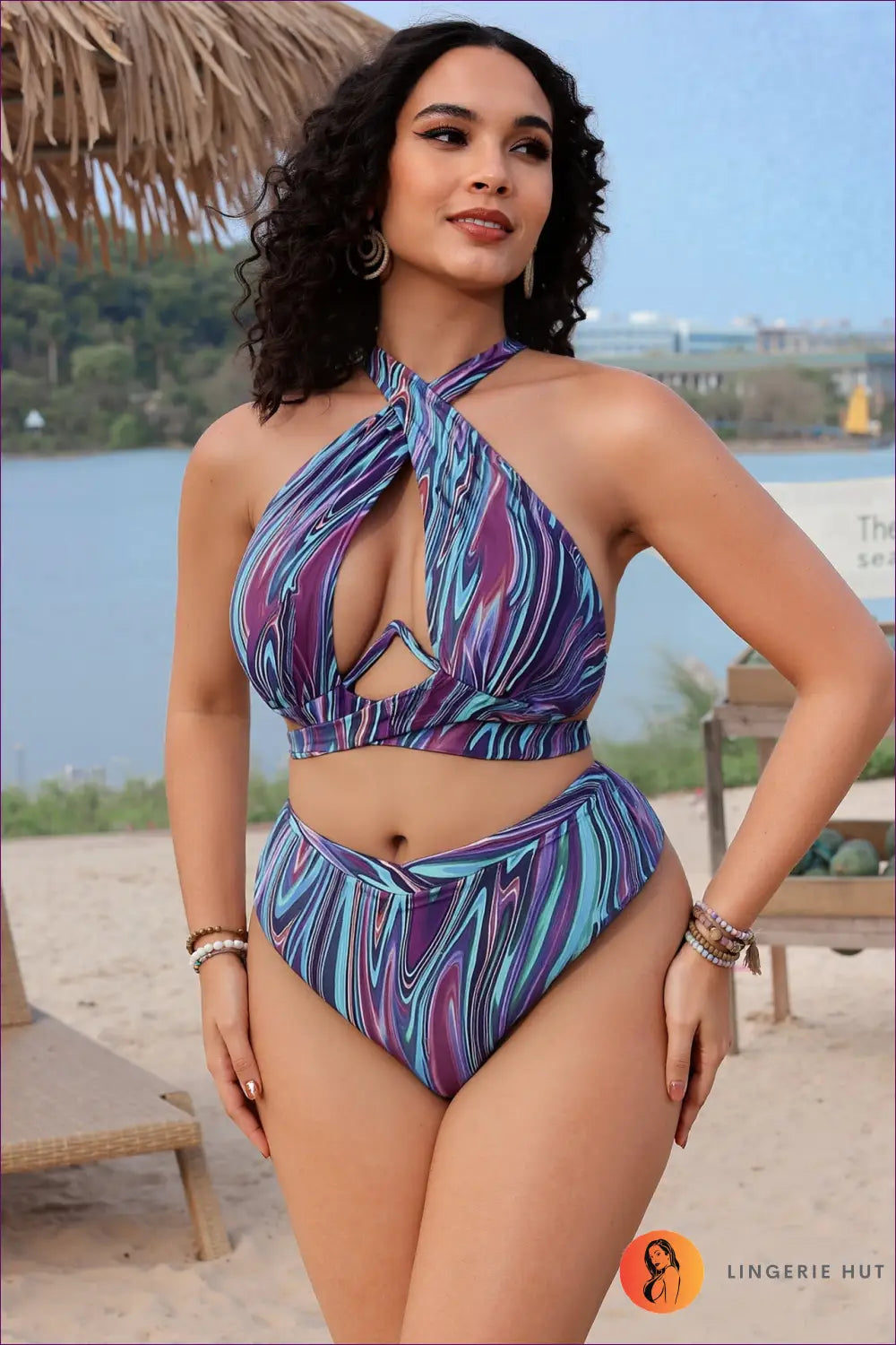 Plus Size Crossover Bikini with Keyhole Cutout - Coastal Curve - 2xl / Navy Blue - Beachwear • just in • Summer
