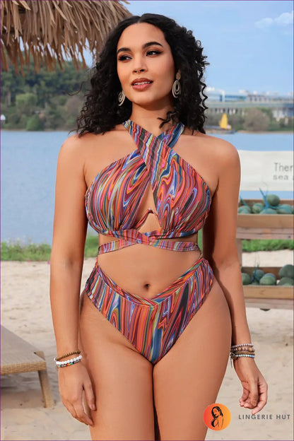 Plus Size Crossover Bikini with Keyhole Cutout - Coastal Curve - 3xl / Multi - Beachwear • just in • Summer - Lingerie