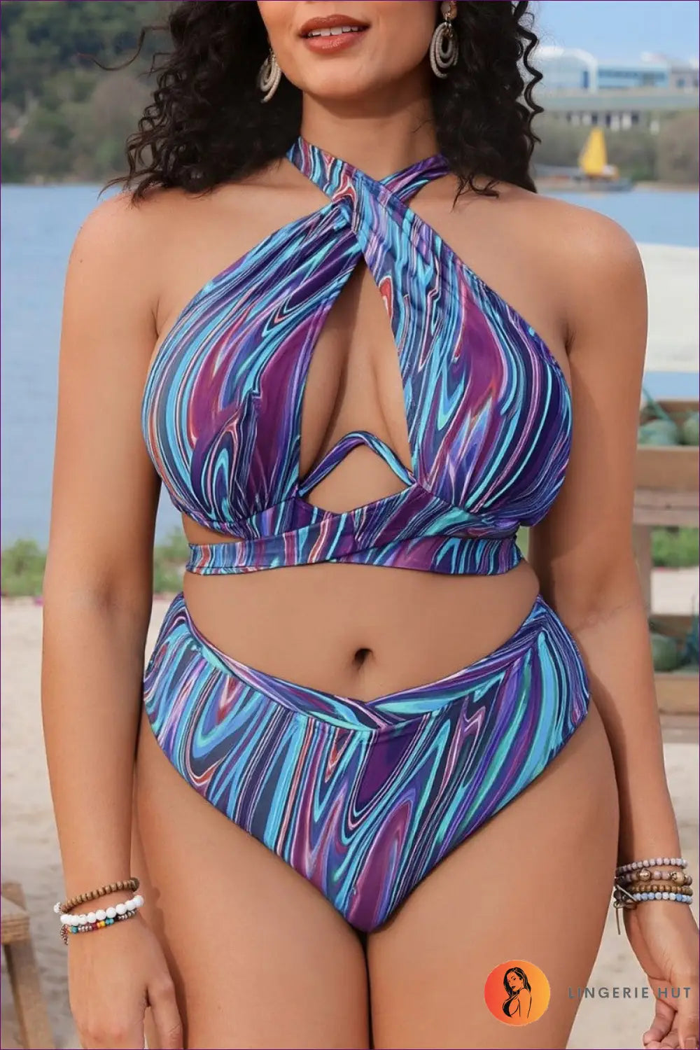 Plus Size Crossover Bikini with Keyhole Cutout - Coastal Curve - Beachwear • just in • Summer - Lingerie Hut