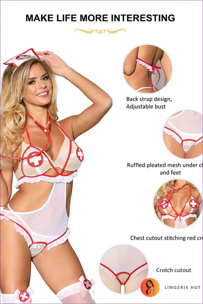 Plus Size Crotchless Nurse Teddy & Headwear Cosplay Set for Costume, just In, Mesh, Nurse, Plus Size