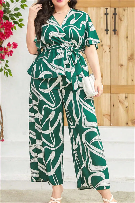 Plus Size Green Abstract Print Two-piece Set