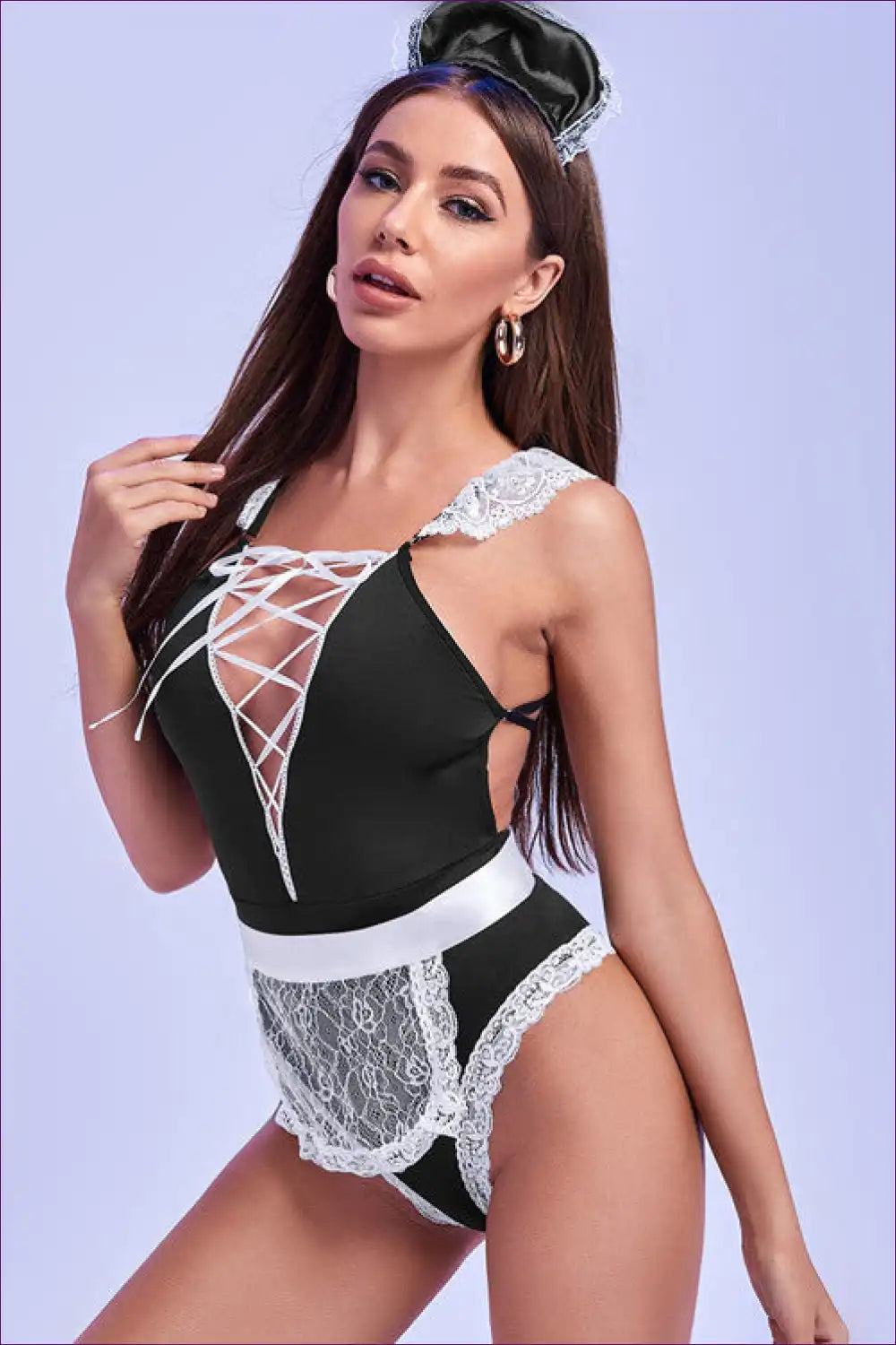 Plus Size Maid Lingerie with Chest Strap and Lace Panels for Boudoir, Costume, Fishnet, Lace,