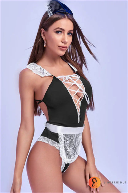 Plus Size Maid Lingerie with Chest Strap and Lace Panels for Boudoir, Costume, Fishnet, Lace,
