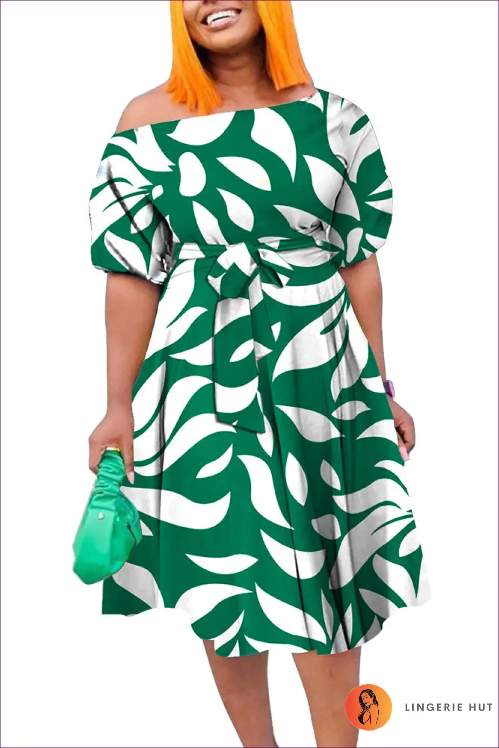 Plus Size Off-shoulder Dress with Belted Waist - Xl / Green - Dresses - A-line • Belted • Boho • Casual • Clothing