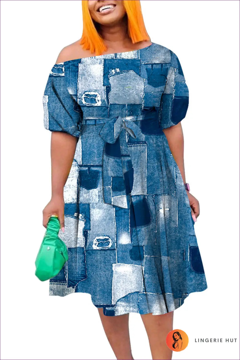 Plus Size Off-shoulder Dress with Belted Waist - Xl / Blue - Dresses - A-line • Belted • Boho • Casual • Clothing