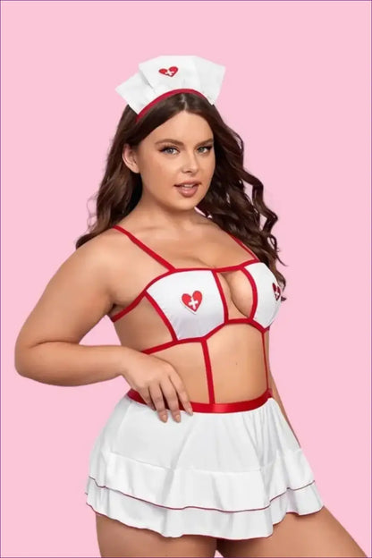 Plus Size Nurse Costume with Strappy Bra Top - Alluring Curves - Babydoll - Cutout • Mini • Night in • Lingerie Hut