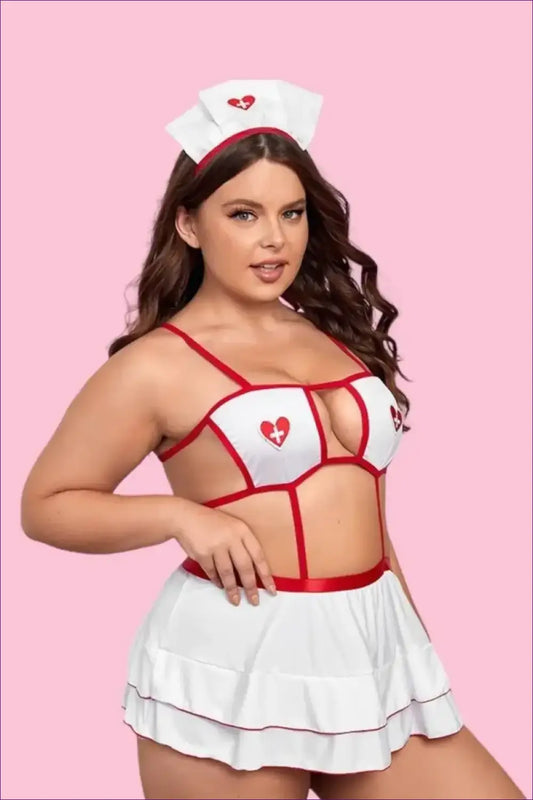 Plus Size Nurse Costume with Strappy Bra Top - Alluring Curves - Babydoll - Lingerie Hut - Boudoir • Cutout • Mini
