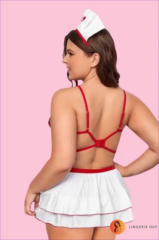 Plus Size Nurse Costume with Strappy Bra Top - Alluring Curves - Babydoll - Lingerie Hut - Boudoir • Cutout • Mini